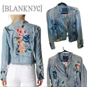 Blank NYC Festival Boho Floral Embroidered Studded Denim Biker Jacket